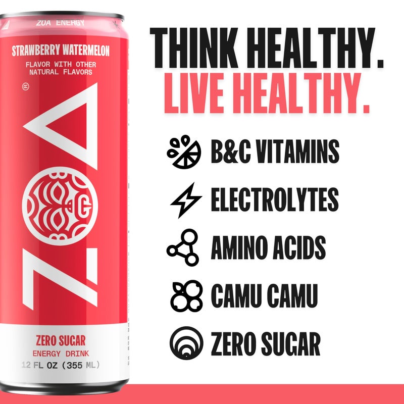 ZOA Zero Sugar Energy Drinks, Strawberry Watermelon - Sugar Free with Electrolytes, Healthy Vitamin C, Amino Acids, Essential B-Vitamins, and Caffeine from Green Tea - 12 Fl Oz (12-Pack) - Image 2
